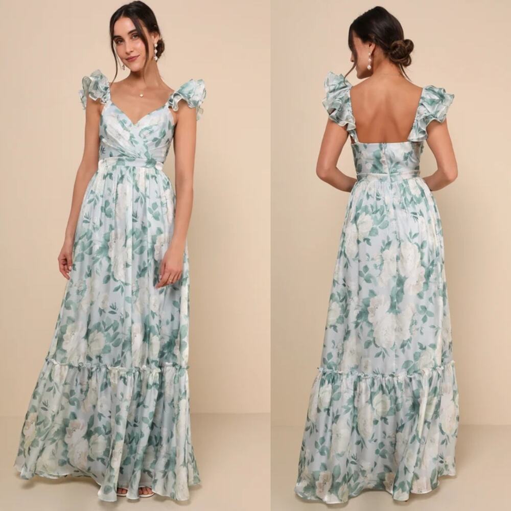 NWT Lulus Soiree Perfection Light Blue Floral Ruffled Tiered Maxi Dress Size S